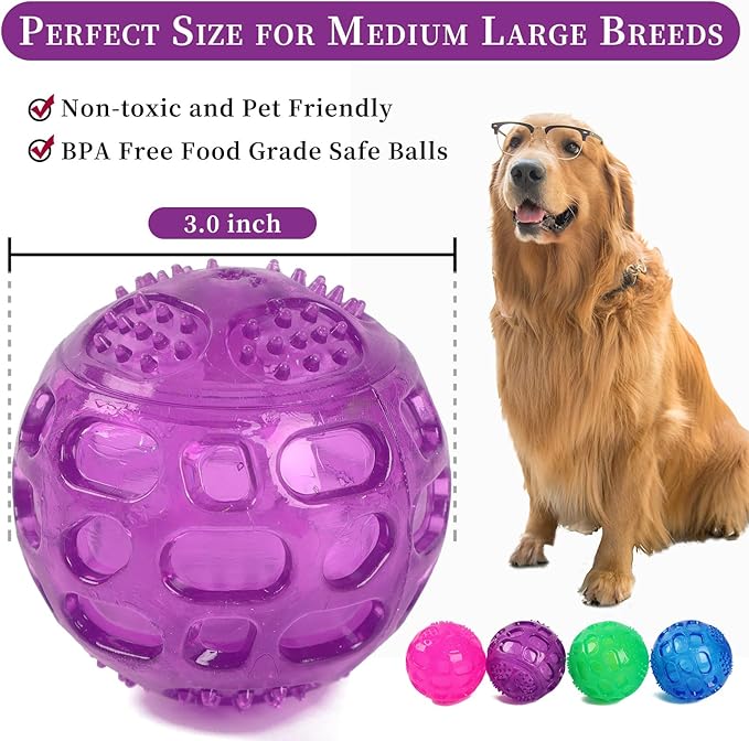 3'' Squeaky Dog Toy Balls for Lagre Medium Breed, Indestructible Dog Balls for Playing, Fetching & Retrieving, Durable Aggressive Chewers, 4 PCS Red+Purple+Green+Blue