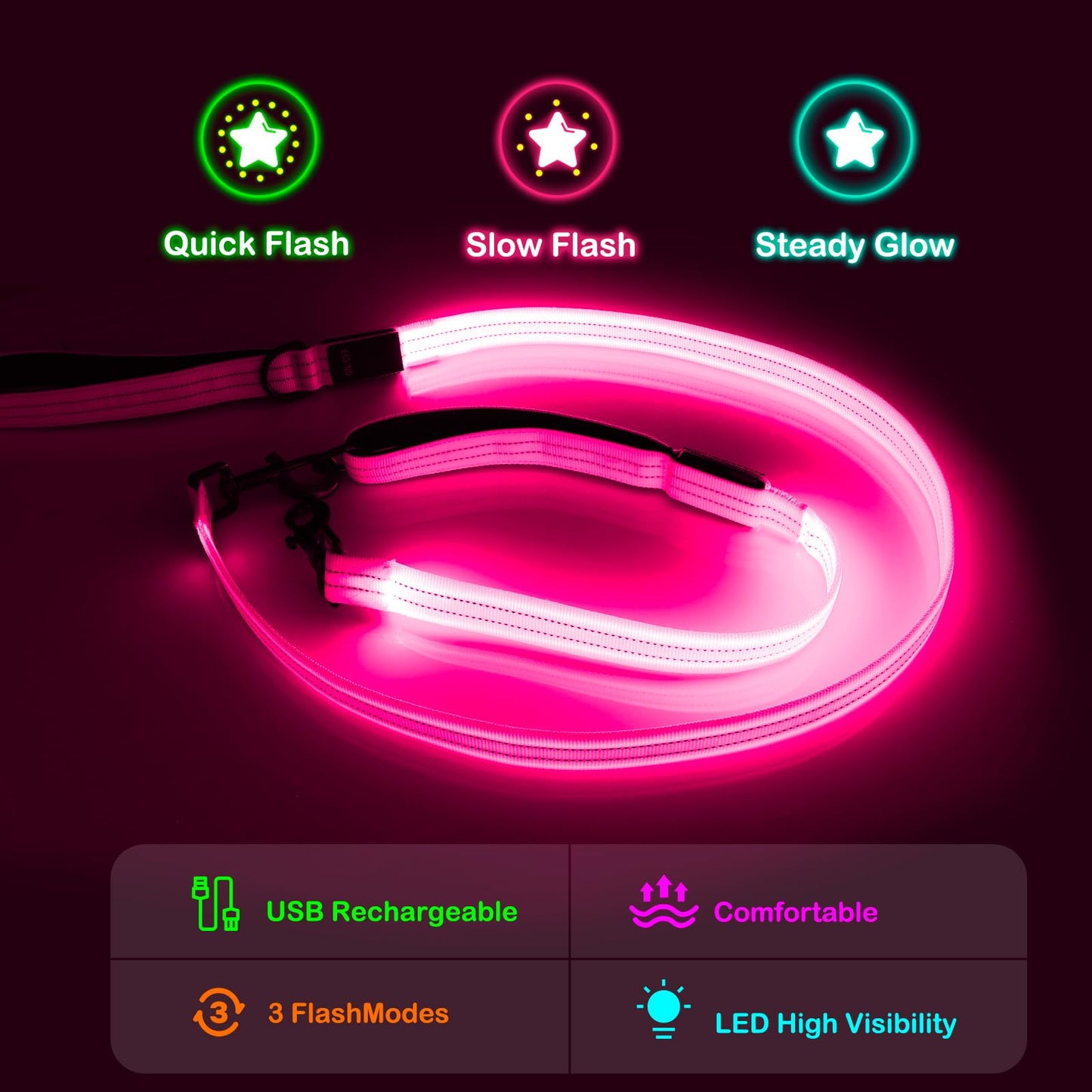 Dlitk Light Up Dog Leash, LED Leashes Rechargeable, Nylon Reflective Lead with Padded Handle for Night Walking, Safety Glow Lights for Large Medium Small Dogs(Pink,(4 Ft+2 Ft))