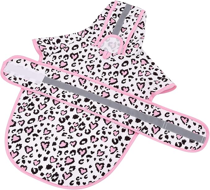HDE Dog Raincoat Jacket Reflective Adjustable Hooded Pet Poncho Rain Coat with Leash Hole for Small to X-Large Dogs Leopard Hearts - XL