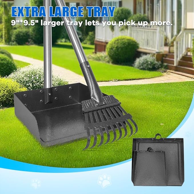 Larger Pooper Scooper Dog Pooper Scooper for Large Medium Small Dogs Heavy Duty Stainless Steel with Long Handle Tray Rake Shovel for Yard