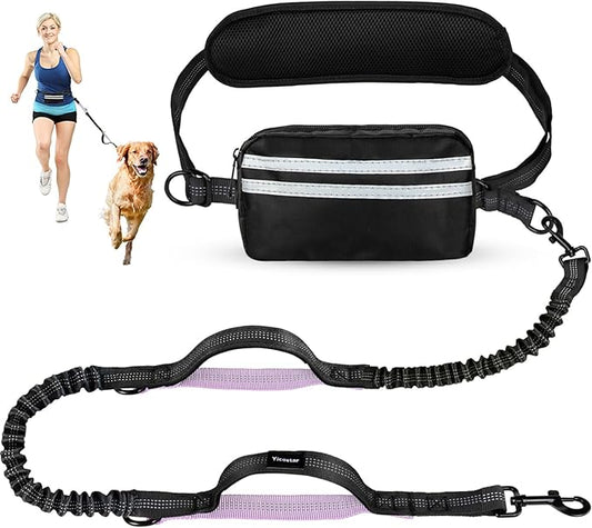 Hands Free Dog Leash, Shcok Abosoring Bungee with Double Padded Handles, Waist Leash for Dog Walking, Dog Leash with Bungee for Medium & Large Dog, Dog Walking Accessories, Black Purple