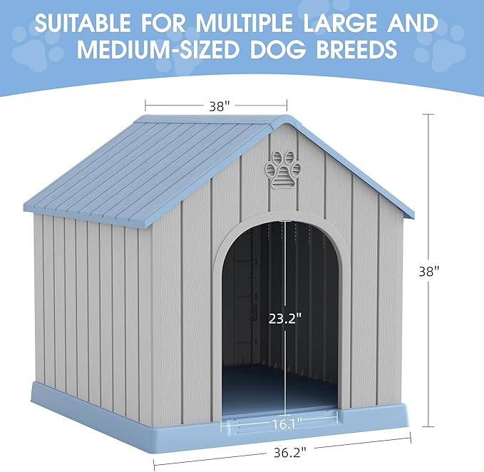 Large Dog House Outdoor Indoor for Medium Large Dogs, Durable Plastic Waterproof Doghouse with Air Vents and Elevated Floor, Easy Clean and Assemble (Blue2, 36.2''L×38''W×38''H)