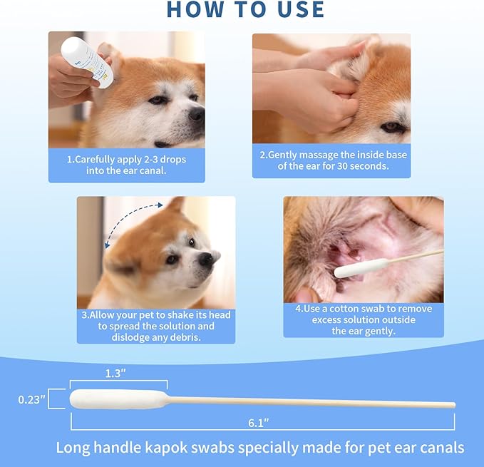 Tris Flush Cat & Dog Ear Cleaner - Dog Ear Infection Treatment with PHMB, Removes Wax, Odo, Gentle & Hypoallergenic, with 20 Cotton Qtips, 4 Fl oz