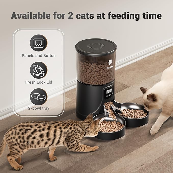 Automatic Cat Feeder for 2 Cats - 16 Cups/4L Timed Auto Pet Feeder with Portion Control (1-6 Meals), Dual Power& Easy to Clean for Indoor Cats & Small Dogs