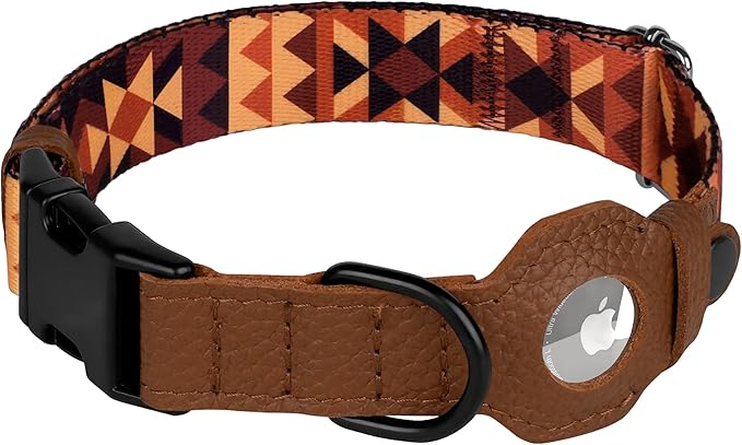 AirTag Dog Collar with Metal Buckle - Soft Leather Printed Nylon Dog Collar with Apple AirTag Holder - Cute Tracking GPS Pet Collars for Girl Boy Small Large Dogs (XL, 20"-25" Neck Fit, Tribal)