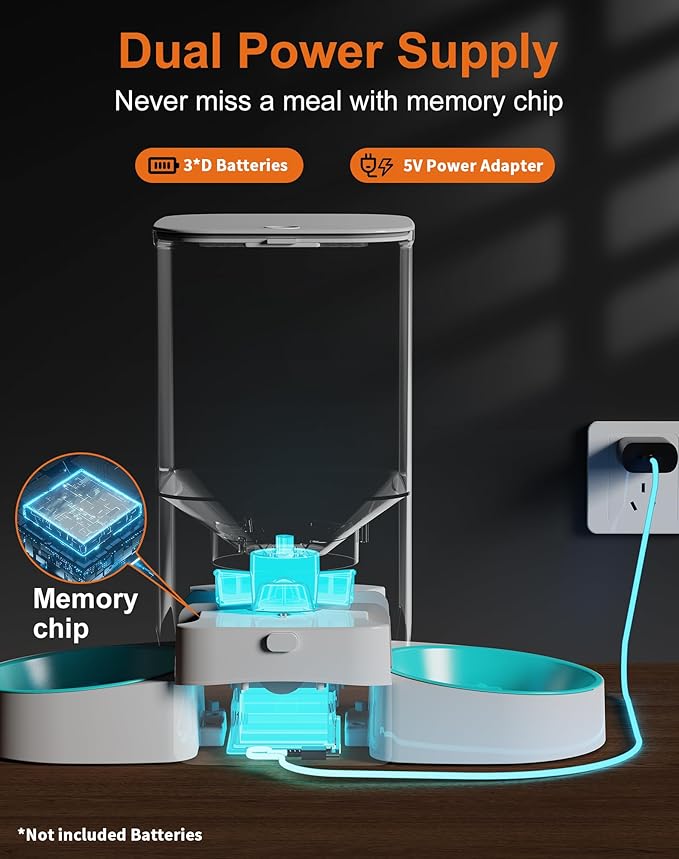 HoneyGuaridan 5L Automatic Cat Feeder for Two Cats, 2.4G WiFi Enabled Smart Feed Pet Feeder with Slow Feeder Bowl,APP Control Dispenser, Dual Power Supply,Desiccant Bag,10s Meal Call White