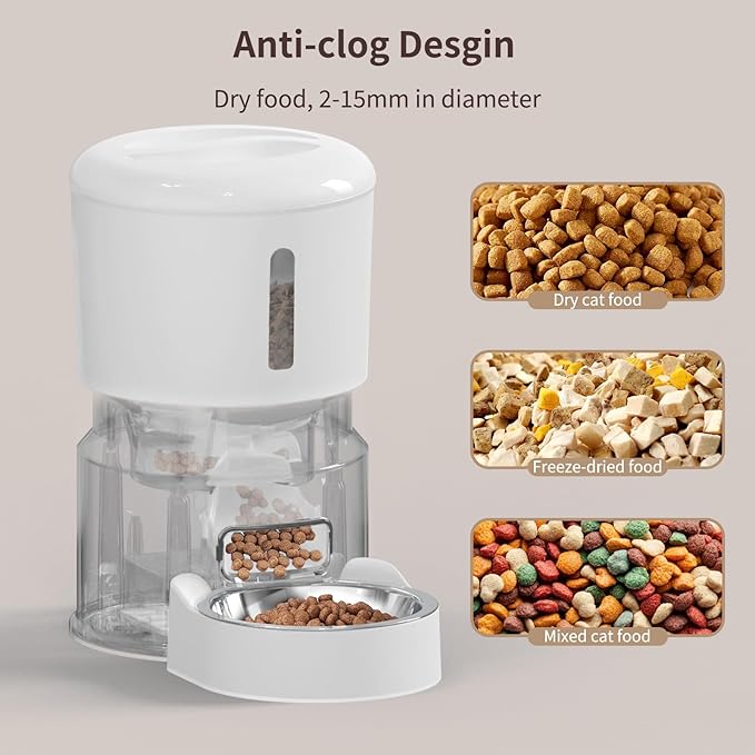 Automatic Cat Feeder with 2 Cameras 1080P HD with Night Vision Pet Food Dispenser Two-Way Voice and Audio Dog Smart WiFi Dog & Cat Feeder Programmable Schedule Slow Bowl White