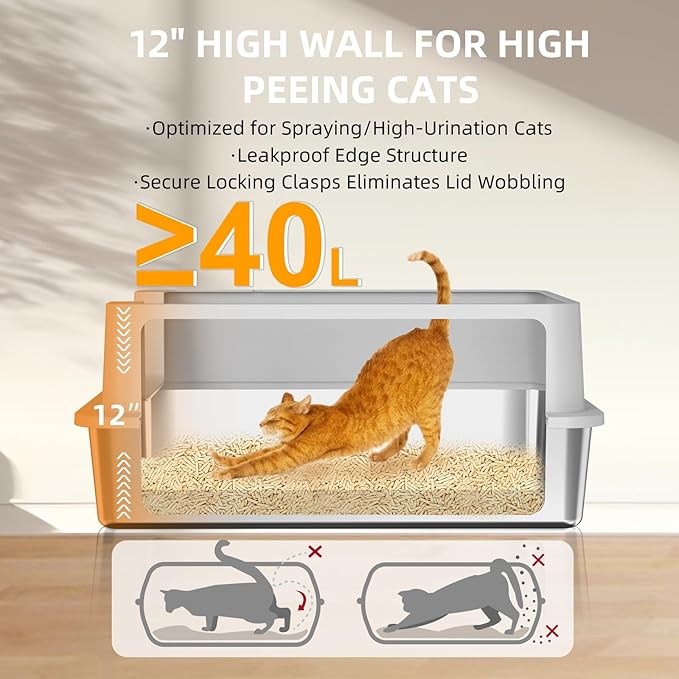 Stainless Steel Litter Box - 28" Extra Large XXXL Cat Litter Box with High Sides, Non-Sticky & Anti-Leakage for Big Cats/Multiple Cats, Includes Heavy Duty Metal Scoop, Grey