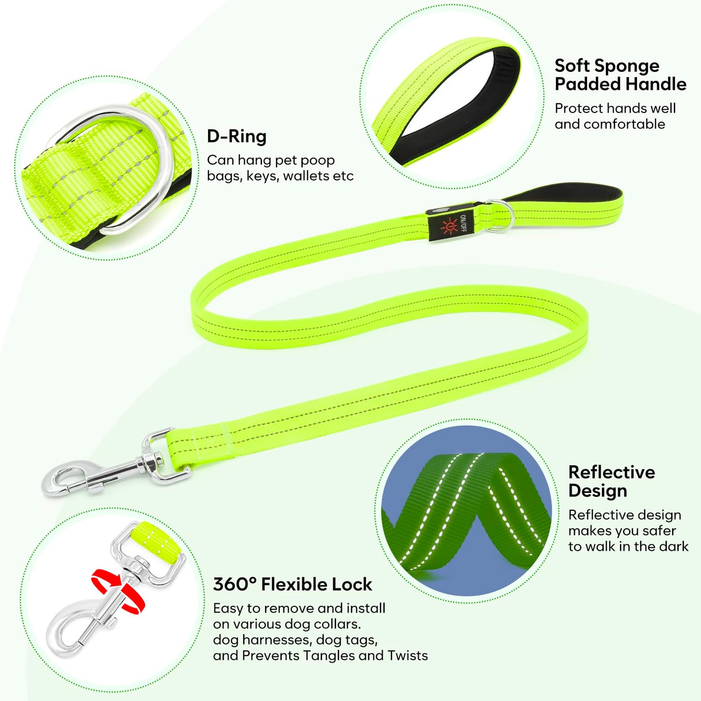 LED Dog Leash, 4 Ft Light Up Dog Leash USB Rechargeable Waterproof, Nylon Reflective Leashes with Padded Handle, Safety Glow in The Dark Pet Lights for Large Medium Small Pet(Green)