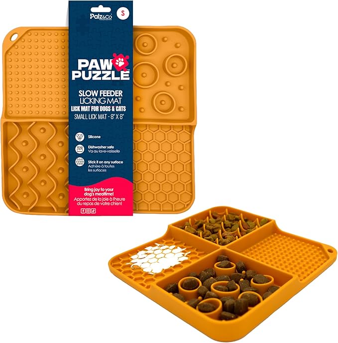Palz&Co Paw Puzzle 2-in-1 Slow Feeder & Lick Mat for Dogs and Cats, Dry and Wet Food, Dishwasher Safe Silicone, Small 8"x8", Orange