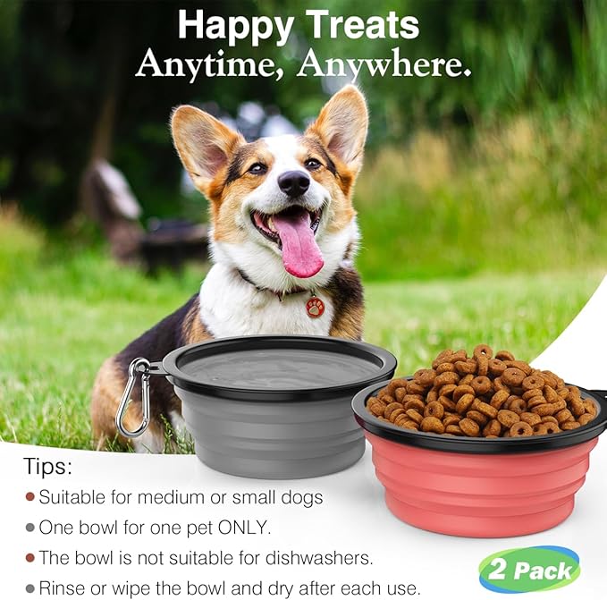Pawaboo Collapsible Dog Bowls 2 Pack, Silicone Feeding Watering Bowls with Lids & Carabiners for Dogs Cats, Portable Water Feeder Food Bowl for Walking Traveling Home Use, Light Pink + Grey