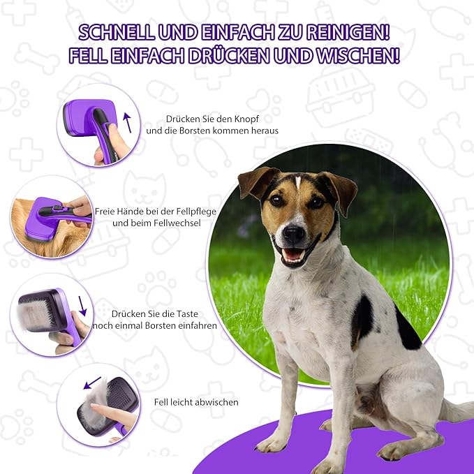 Dogs Cats Self Cleaning Slicker Brush for Shedding & Grooming Any Breed of Pets, Removes Loose, Undercoat, Mats, Tangled Hair for Small Medium Large Animal With Long Short Fur Length, Purple