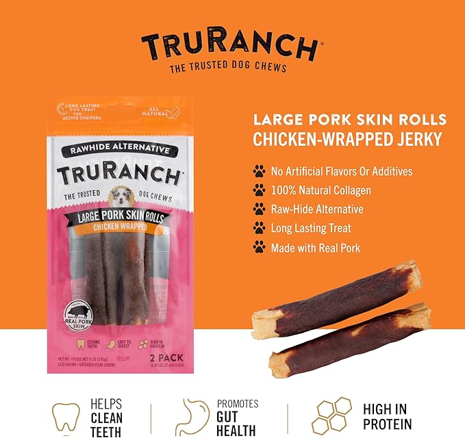 Large Pork Skin Rolls - Chicken-Wrapped Jerky Collagen Rolls - Collagen Chews for Dogs - Real Pork Skin - Rawhide Alternative - Easy to Digest Treat, 1 Bag, 2 Count