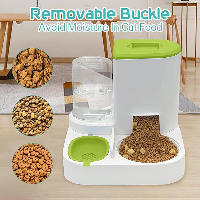 Fhiny Gravity Cat Feeder and Water Dispenser, 2 in 1 Automatic Pet Waterer Detachable Stainless Steel Food Bowls Set Pet Food Storage for Small Dog Puppy Cat Kitten Pet Easy Clean (Green)