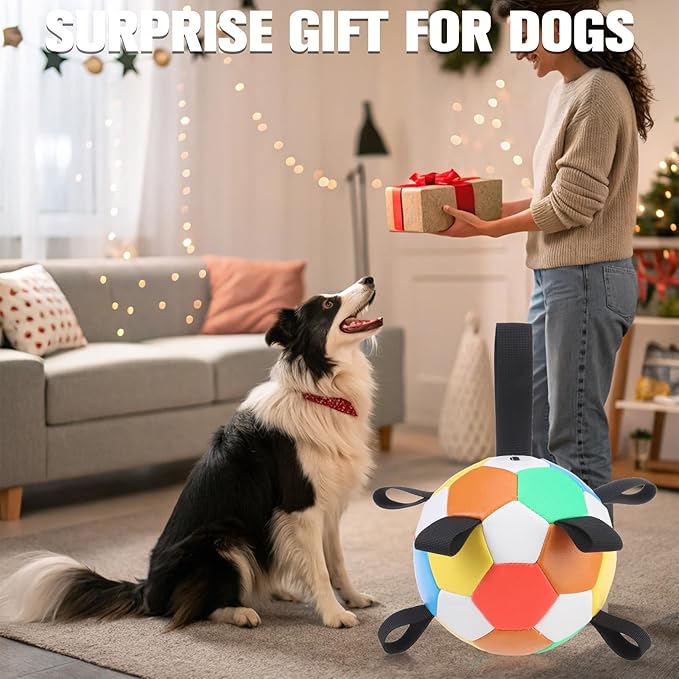 BINGPET Dog Toys Soccer Ball,Interactive Dog Toys Ball for Tug of War,Outdoor Dog Soccer Ball with Straps,Dog Water Toy,Puppy Birthday Gifts,Dog Tug Toy,Durable Dog Balls for Small and Medium Dogs