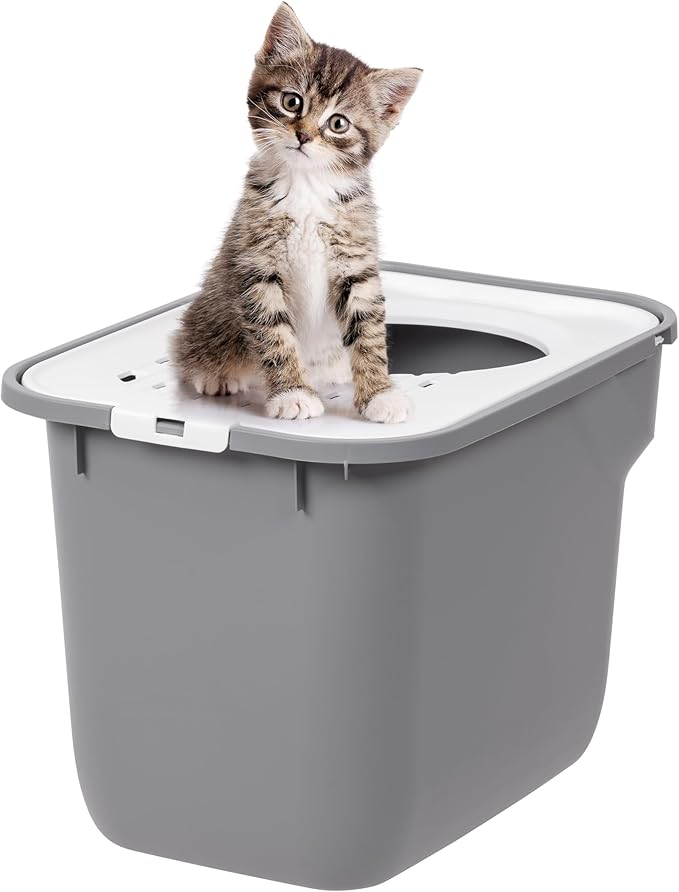 IRIS USA Cat Litter Box, Large Cat Box Enclosure, Top Entry with Litter Catching Lid, Enclosed with Scoop, Gray/White