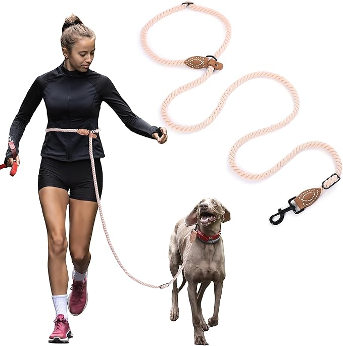 Mile High Life Hands Free Dog Leash, Crossbody Waist Leash with Genuine Leather Connection, Multifunctional Adjustable Slip Lead for Dog Walking Running (Light Brown, 7FT)