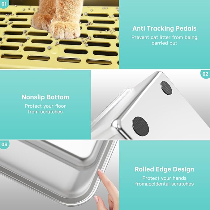 Stainless Steel Litter Box with High Side, XXL Extra Large Cat Litter Box for Big Cats & Multiple Cats, Non-Sticky, No Urine Leakage, Easy Clean Cat Litter Pan Include Scoop