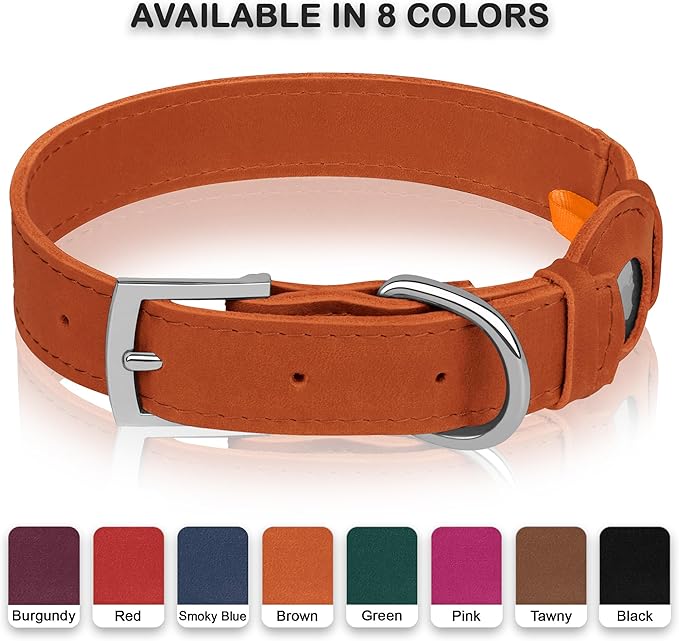 Leather Dog Collar with Airtag Holder - Apple AirTag Dog Collars - Soft Tracking Smart GPS Pet Collar for Small Medium Large Dogs Puppy (Brown, M, 12"-15" Neck Fit)