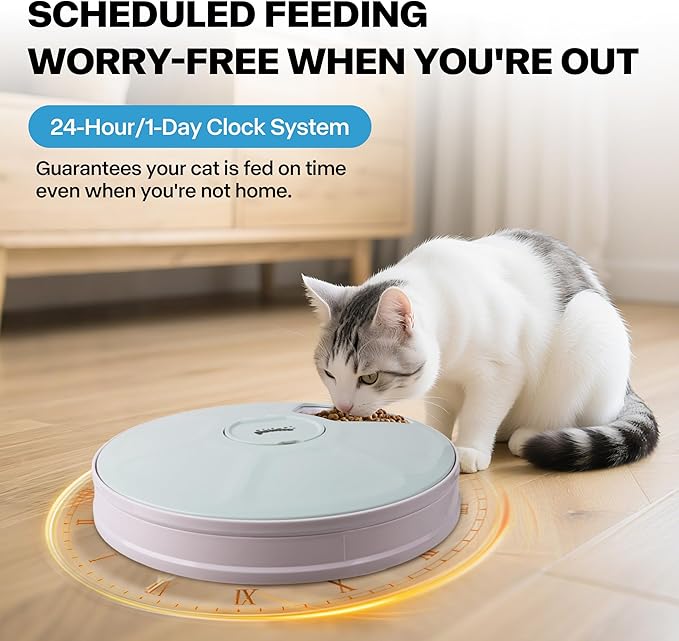 Pawise Automatic Cat Feeder, 6-Meal Programmable Pet Food Dispenser with Bird Chirp Sound Alert, Battery Operated, BPA-Free, Bonus Snack Ball Toy, for Cats & Small Dogs(Batteries Not Included