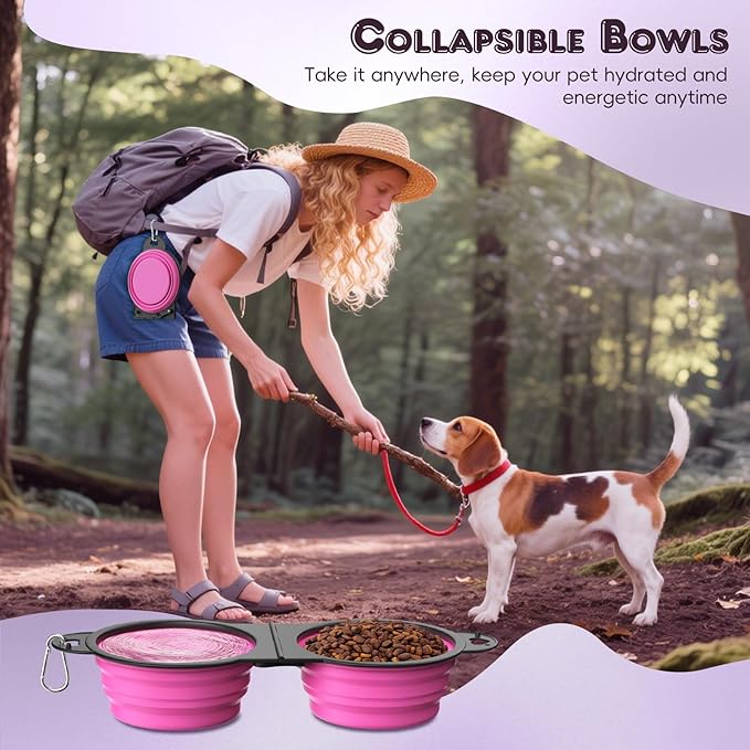Pawaboo 2-in-1 Collapsible Dog Bowls, Dual Puppy Food and Water Bowls, 180° Flip Over Portable Silicone Dog Bowl with Metal Hook, 450ml Pet Travel Feeder Bowl for Walking Hiking Camping, Pink