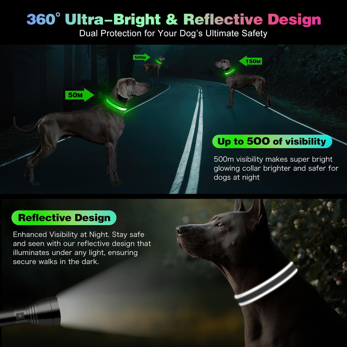 Light Up Dog Collar, Multicolor LED Dog Collar with 7 Lighting Modes - USB-C Rechargeable, Real-Time Battery Indicator, Waterproof & Adjustable Glow Collar for Safe Night Walks (L)