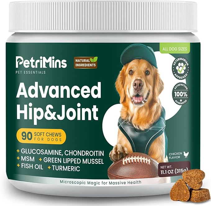 Advanced Hip & Joint Supplement for Dogs with Glucosamine and Chondroitin, for Dogs Glucosamine, Organic Turmeric, Egg Shell Membrane, Green Lipped Mussel, 90-Count, Chicken