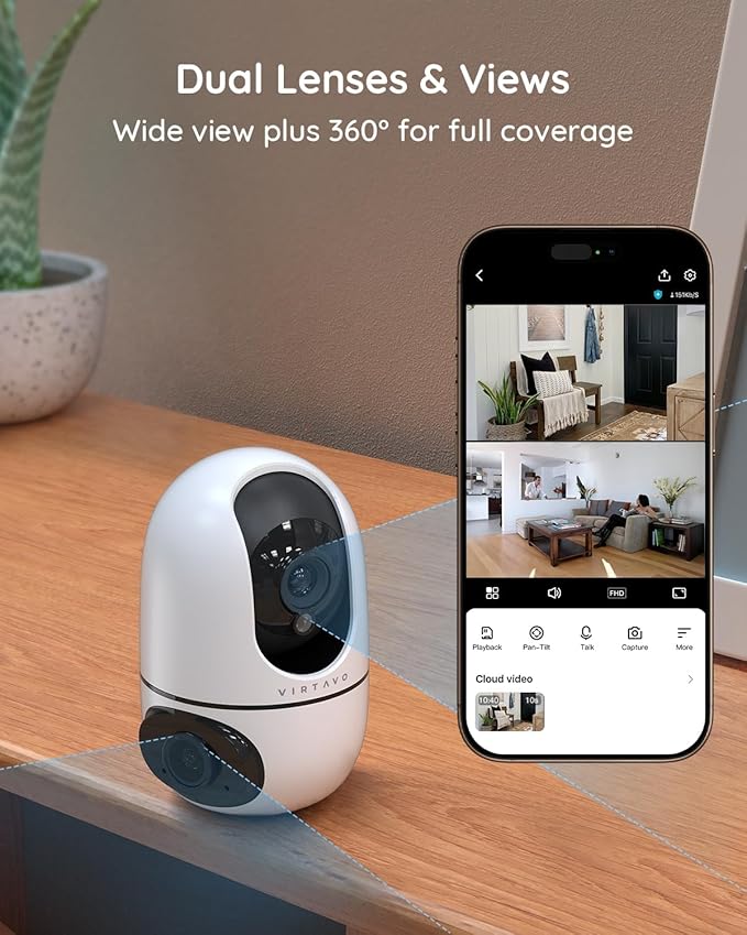 virtavo XD1 Indoor Security WiFi Camera, Wireless, Dual-Lens 360° PTZ Baby Monitor & Pet Cam, Motion Tracking, 2-Way Audio, Night Vision, Cloud/SD Storage, Phone App, Plug-in Power