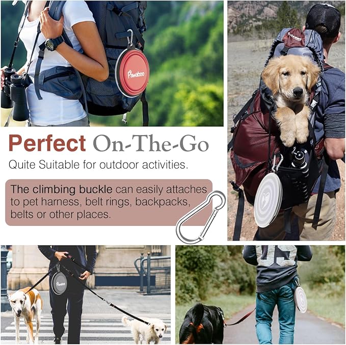 Pawaboo Collapsible Dog Bowls 2 Pack, Silicone Feeding Watering Bowls with Lids & Carabiners for Dogs Cats, Portable Water Feeder Food Bowl for Walking Traveling Home Use, 1000ml, Light Pink + Grey