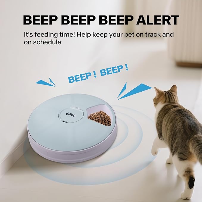 Pawise Automatic Cat Feeder, 6-Meal Programmable Pet Food Dispenser with Bird Chirp Sound Alert, Battery Operated, BPA-Free, Bonus Snack Ball Toy, for Cats & Small Dogs(Batteries Not Included