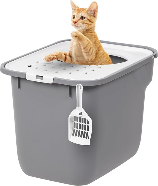 IRIS USA Cat Litter Box, Large Cat Box Enclosure, Top Entry with Litter Catching Lid, Enclosed with Scoop, Gray/White