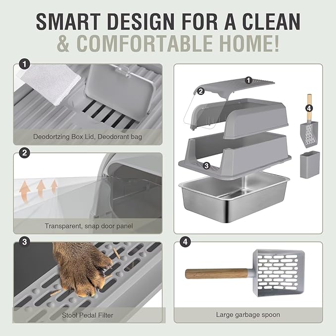 XL Stainless Steel Enclosed Cat Litter Box with Lid 23.6''×15.7''×16.9'' - Odor Control & Easy Cleaning w/Odor-Proof Bags, Extra Large Metal Litter Pan for Indoor Cats, Khaki