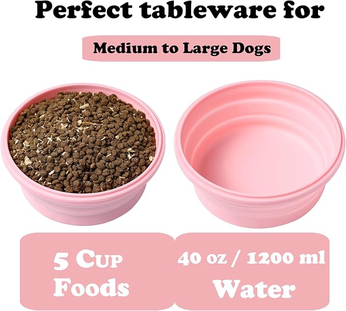 Collapsible Dog Bowls with Lids, 2 Pack Portable Travel Dog Bowls for Small Medium Large Dogs, Silicone Foldable Outdoor Dog Cat Food Water Bowls for Camping Hiking Road Trip, Pink 40 oz