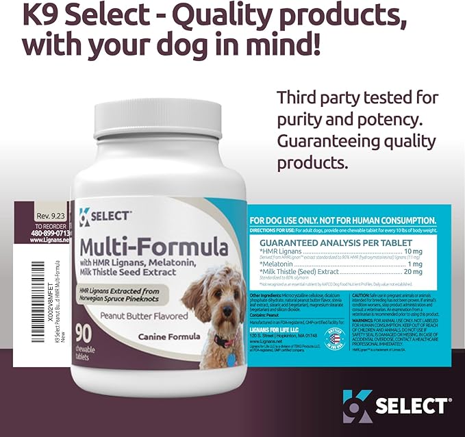 K9 Select Multi-Formula Dog Vitamins for Smaller Dogs - 10mg HMR Lignans, 1mg Melatonin, 20mg Milk Thistle - Helps Heart, Liver, Digestion, Skin & Coat Health, 90 Tablets, Peanut Butter Flavor
