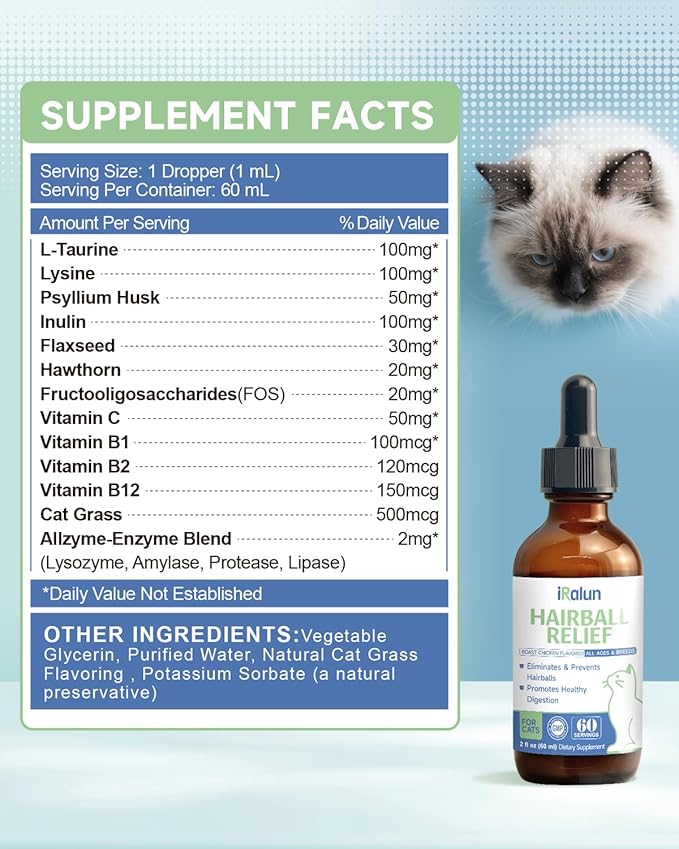 Hairball Treatment for Cats- Hair Ball Relief Digestive Aid-Hairball Support Remedy- Promotes Healthy Digestion, Eliminates & Prevents Hairballs, for All Ages & Breeds 2fl oz
