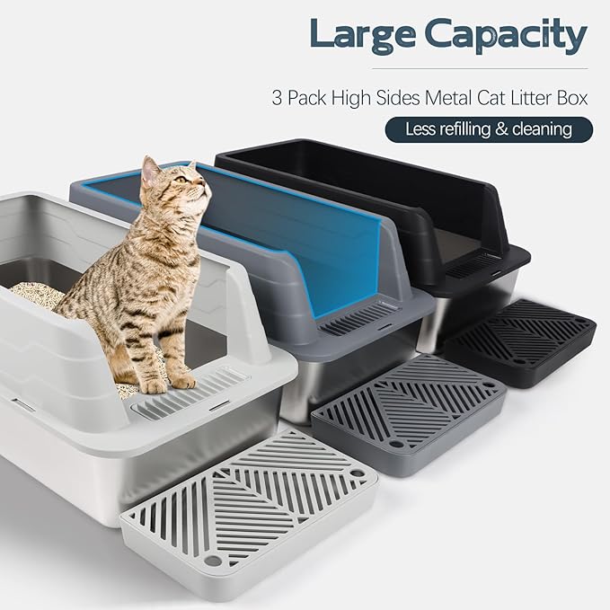 3 Pack Stainless Steel Litter Box, XL 22.9” x 15” x 10.3” High Sided Metal Cat Litter Tray with Scoop, Filter Pedal for Anti-Splash, Non-Sticky, Easy to Clean (Dark Grey&Light Grey&Black)