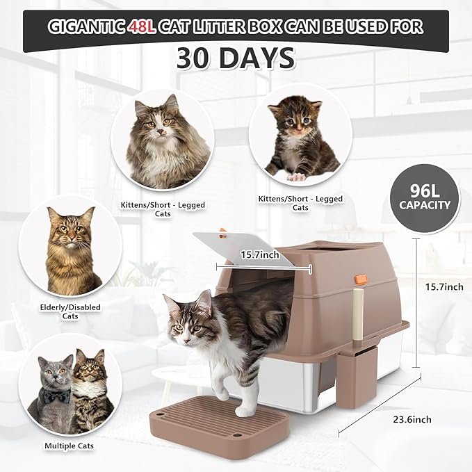 Stainless Steel Cat Litter Box with Lid Extra Large Open-Top Dual Entry Enclosed Metal Pan Tray with High Sides Pedal Scoop Non-Stick Anti-Leakage Easy Cleaning for Big Multi-Cat (Brown)