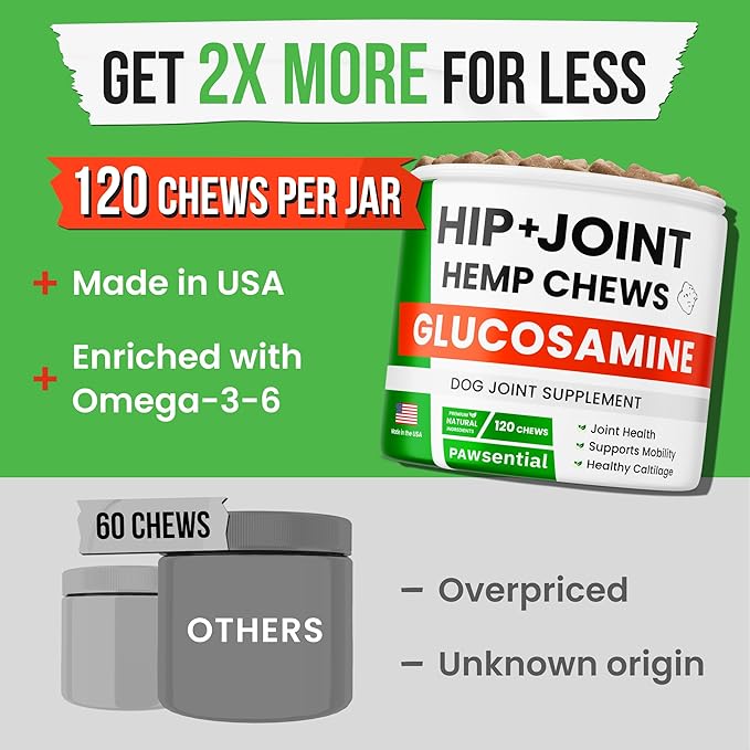 Advanced Hemp Hip & Joint Supplement for Dogs - Glucosamine for Dogs - Dog Joint Pain Relief Treats - Chondroitin Turmeric MSM Hemp Oil - Hemp Treats for Joint Health - Senior Mobility Support Chew