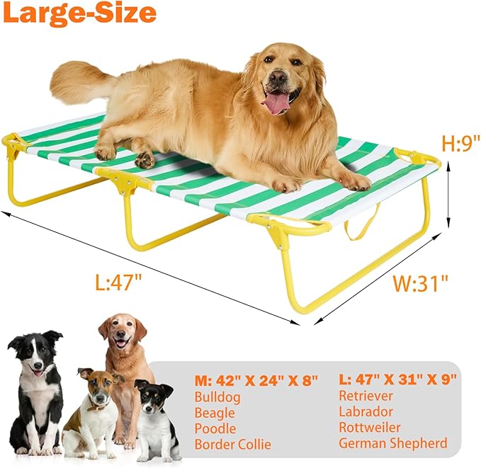 Dog Elevated Bed Foldable Portable Raised Bed Camping cot Outdoor Summer Dog Bed (Large, GreenStripes-Oxford Fabric)