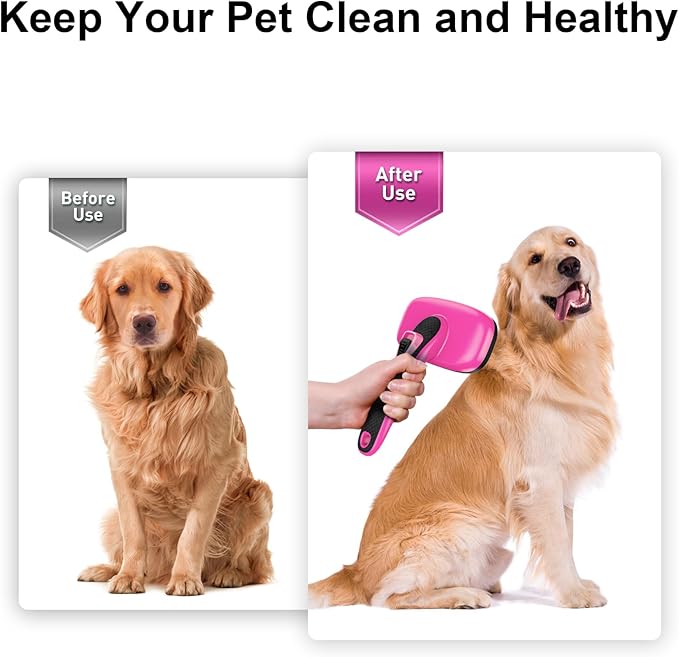 Self Cleaning Slicker Brush for Shedding Long Short Haired Dogs & Cats, Remove Loose Tangling Knot Undercoat Fur Mats, Grooming Brush with Retractable Bristles for Small Medium Large Pet, Pink