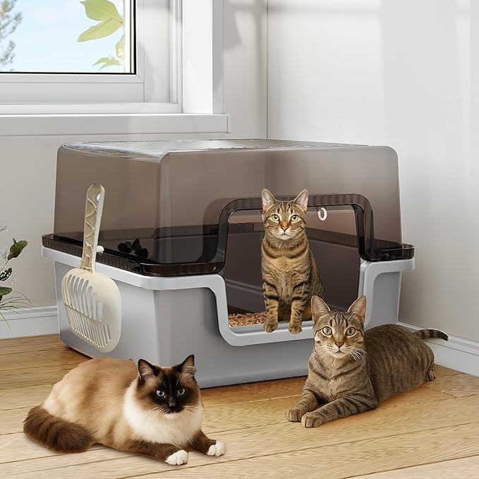 Oneluck Large Covered Cat Litter Box with Scoop and Transparent Lid, Non-Stick, Durable, Easy-Clean Pan for Multi-Cat Households,XL,Gray