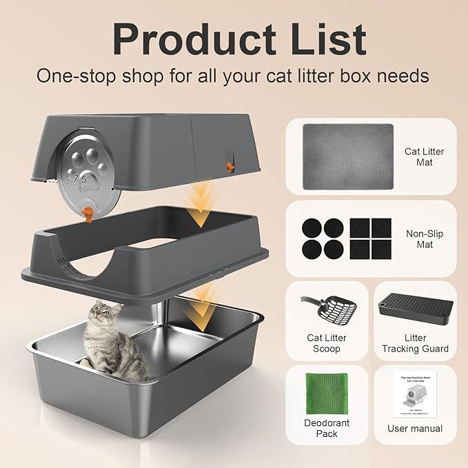 Stainless Steel Cat Litter Box with Lid, XL Extra Large Kitty Litter Box, Enclosed Top Entry Metal Litterbox for Big Cats, Easy Cleaning, Anti-Leakage & High Sided with Mat, Aisle & Scoop Dark Grey