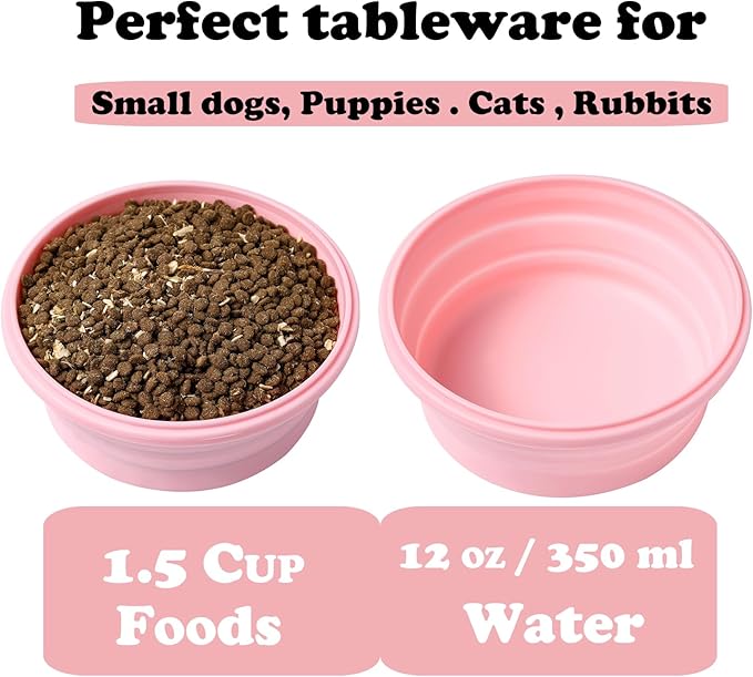 Collapsible Dog Bowls with Lids, 2 Pack Portable Travel Dog Bowls for Small Medium Large Dogs, Silicone Foldable Outdoor Dog Cat Food Water Bowls for Camping Hiking Road Trip, Pink 12 oz
