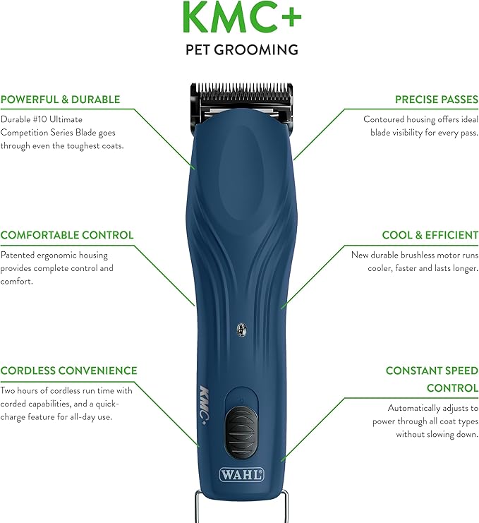 Wahl Professional Animal KMC+ 2-Speed Cordless Clipper (3027168) - Detachable Blade Pet & Dog Clipper Kit - Patented Ergonomic Housing Design - Navy