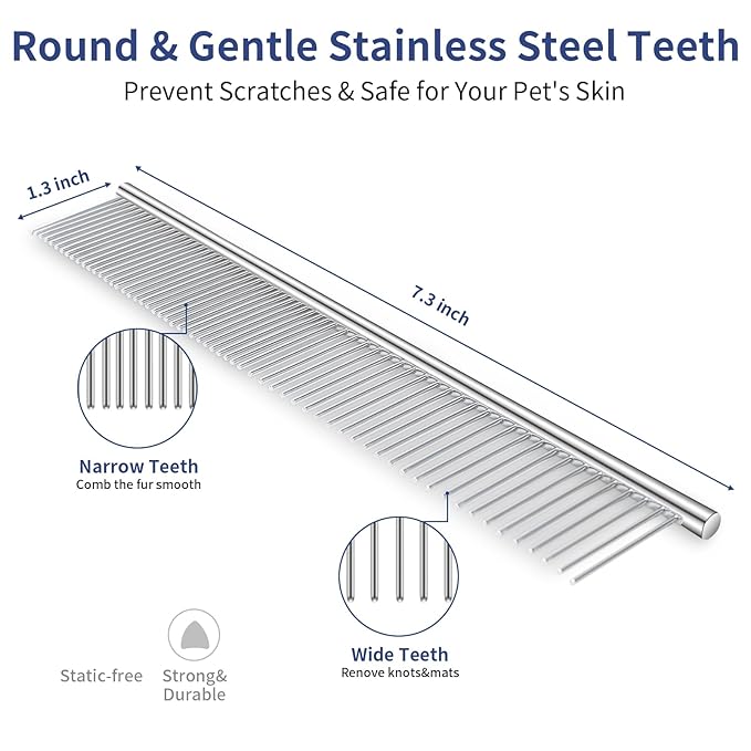 5 in 1 Dog Grooming Kit - Self-Cleaning Slicker Brush for Shedding Short Long Haired Dogs & Cats, Includes Pet Comb, Flea Comb, Bath Brush, Undercoat Rake - Complete Fur Care Set - Blue