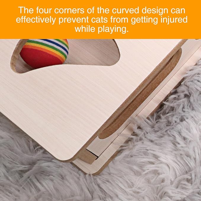 Cat Interactive Box Puzzle Toy with 3 Small Balls and 1 Bell Indoor Hunting Exercise Toy for Kittens Natural Wood Material