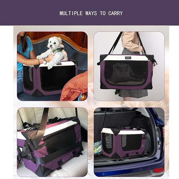 Large Cat Carrier, Collapsible Dog Travel Crate Portable Soft-Sided Pet Carrier with Super Soft Warm Plush Mat for Indoor and Outdoor 20x14x14in,Purple