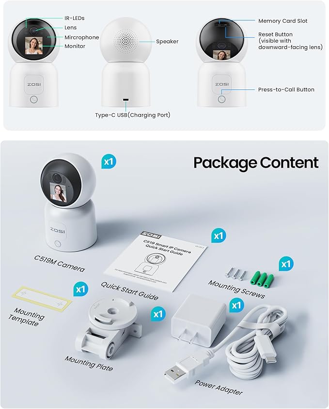 ZOSI 4K Pan/Tilt Smart Security Camera Indoor,Plug in 2.4/5GHz WiFi Camera,2 Way Video, Motion Tracking,8MP Baby/Pet Dog Monitor with Phone app, C519M8 360°View Home Cam, Cloud & Memory Card Storage