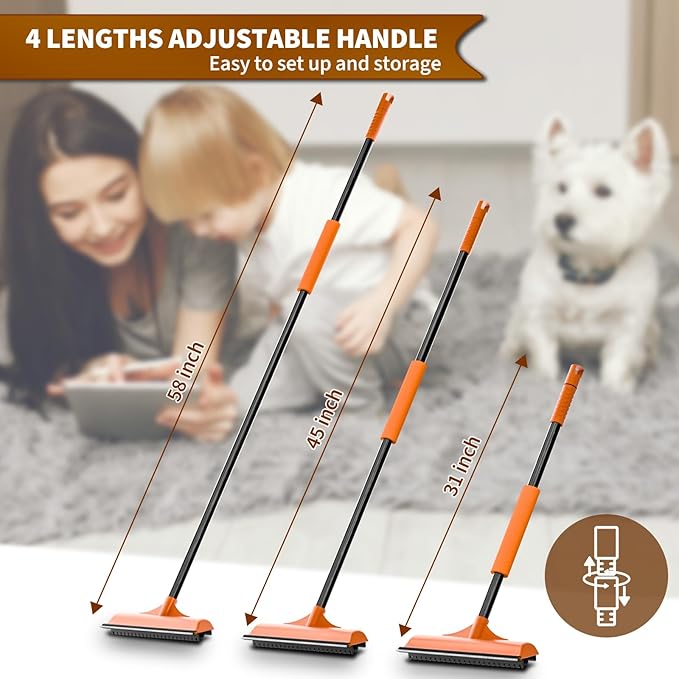 3 in 1 Carpet rake Kit for Pet Hair Removal Tool - Reusable Pet Hair Remover broom w 58"Adjustable Long Handle, Dog & Cat Carpet Scraper, Pet Hair Remover for Rugs, Mats, Couch, Curtains(Orange)