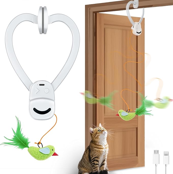 Interactive Cat Toys for Indoor Cats Automatic Electric Flying Bird Feather Wand Toy - Best Kitten & Adult Cat Enrichment Stimulation Toy Hanging Electric Kitty Toys for Bored Cats(Bright White)